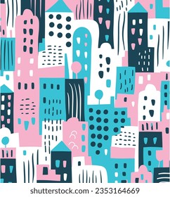 Hand Drawn Buildings Seamless Pattern, in the Style of Playful Shapes, Light Pink and Dark Cyan, Minimalist Black and White, Moyoco Anno, Bold Strokes, Lively Tableaus