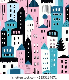 Hand Drawn Buildings Seamless Pattern, in the Style of Playful Shapes, Light Pink and Dark Cyan, Minimalist Black and White, Moyoco Anno, Bold Strokes, Lively Tableaus