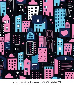 Hand Drawn Buildings Seamless Pattern, in the Style of Playful Shapes, Light Pink and Dark Cyan, Minimalist Black and White, Moyoco Anno, Bold Strokes, Lively Tableaus