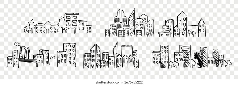Hand drawn buildings set collection. Various pen or pencil, ink hand drawn buildings. Sketch of different city or town views, urban development isolated on transparent background. Vector