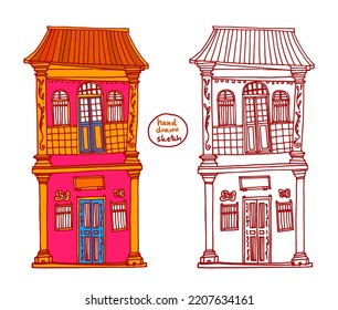 Hand Drawn. Buildings Sketch. Old town, Sino Portuguese