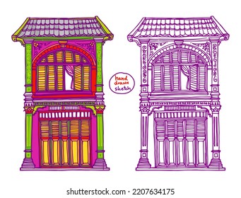 Hand Drawn. Buildings Sketch. Old town, Sino Portuguese