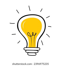 Hand Drawn bulb doodle. Light bulb with rays shine. Doodle style. innovation, inspiration, invention and idea. Vector illustration