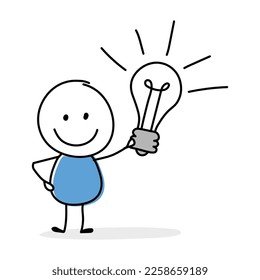 Bombilla dibujada a mano - símbolo de idea. Concepto divertido con un icono pegajoso. Diseño de caricaturas. Ilustración del vector