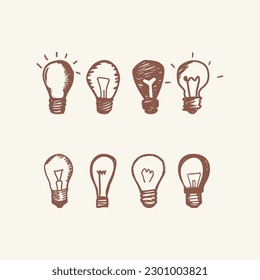 Colección de bombillas dibujadas a mano, Icono de bombilla de luz Set Ilustración de vectores
