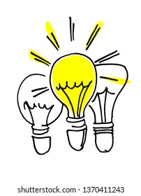 Hand drawn bulbs, one of them is shining. A concept of personal development and success. Isolated on white background