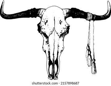 Hand drawn Bull Head Skull, Native American Indian Boho inspired black white Illustration