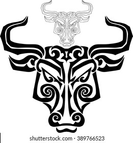 Hand drawn bull head stylized Maori face tattoo. Design element. T-shirt design. Vector illustration