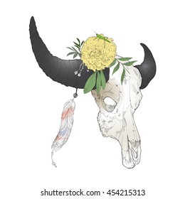 hand drawn bull skull with flower