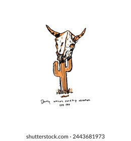 Hand drawn bull skull on cactus sketch art illustration