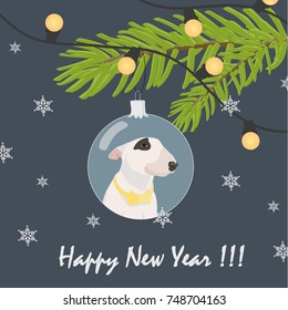 Hand drawn bull terrier dog with yellow bow tie in the grey blue christmas bauble decorating christmas tree, snowflakes, glowing christmas lights and greeting text wishing happy new year. Vector 