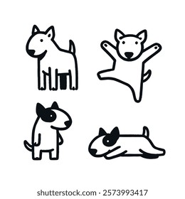 Hand drawn bull terrier icons in bold black lines, minimalistic and fun	