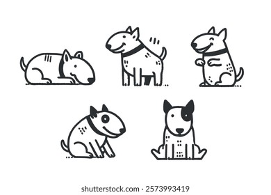 Hand drawn bull terrier icons in bold black lines, minimalistic and fun	