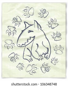 Hand drawn  bull terrier, on the old paper
