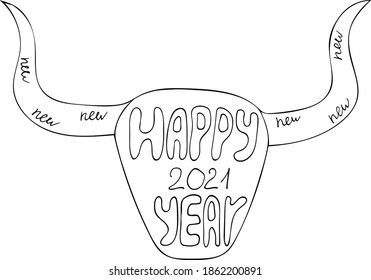 Hand drawn bull with text «Happy 2021 year» is for postcard, icon, logo or badge. Vector EPS10