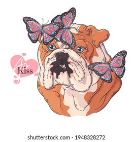 Hand drawn bulldog with butterflies Vector. Isolated objects for your design. Each object can be changed and moved.