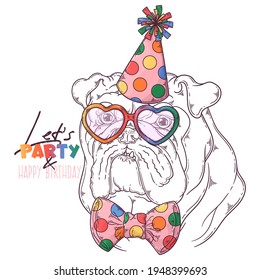 Hand drawn bulldog clown with accessories Vector. Isolated objects for your design. Each object can be changed and moved.