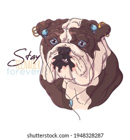 Hand drawn bulldog with headphones Vector. Isolated objects for your design. Each object can be changed and moved.