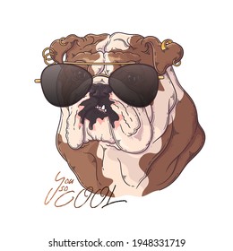 Hand drawn bulldog portrait with accessories Vector. Isolated objects for your design. Each object can be changed and moved.