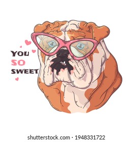 Hand drawn bulldog portrait with accessories Vector. Isolated objects for your design. Each object can be changed and moved.