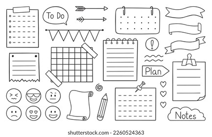 Hand drawn bullet journal doodle. Set of notes, ribbons, frames, stickers for bullet journal, notebook, diary and planner. Vector illustration isolated on white background.