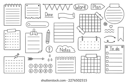 Doodle del diario de viñetas dibujado a mano. Conjunto de notas, cintas, marcos, etiquetas para el diario de viñetas, cuaderno, diario y planificador. Ilustración vectorial aislada en fondo blanco.