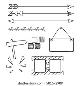 Hand drawn bullet journal elements. Ribbon or banner set.  Line style decoration. Decorative elements for notes and copybook. Vector ornate elements design. Line art  collection.