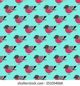 Hand drawn bullfinch bright blue seamless pattern