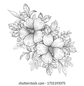 Hand drawn bunch with hibiscus flowers and different leaves isolated on white. Vector monochrome elegant floral composition in vintage style, t-shirt, tattoo design, coloring page, wedding decoration.