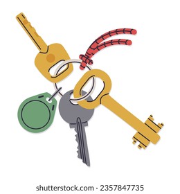 Hand drawn bunch of keys. Apartment or house keys with keyring, keychain and plastic tag flat vector illustration. Real estate property locking keys