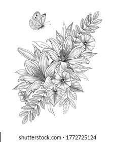 Hand drawn bunch with  lily flowers and flying butterfly isolated on blank background. Vector monochrome elegant floral composition in vintage style, tattoo design, coloring page.