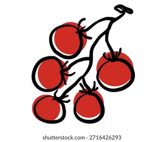 Mano dibujada manojo de tomates rojos. Ilustración vectorial de tomates cherry en estilo doodle aislado para diseño de embalaje, póster, menú.