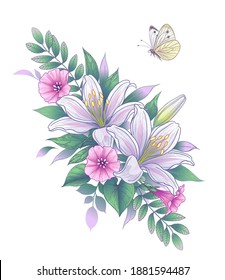 Hand drawn bunch with white lily flowers, pink convolvulus and flying butterfly isolated on blank background. Vector elegant floral arrangement in vintage style, tattoo design.