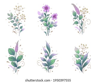 Hand drawn bunches set isolated on white background. Pink small flowers and green leaves. Vector colored elegant floral composition in vintage style, tattoo design, sticker template.