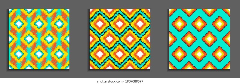 Hand drawn bundle of seamless patterns in Ikat style. In blue, orange, yellow and black colors. Print design for textile, wall art, wrapping paper, packaging design.
