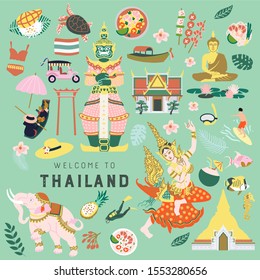 Hand drawn bundle of Thailand famous landmarks, statues, buildings, food and cultural objects