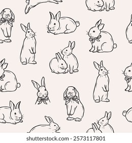 Hand drawn bunnies background. Whimsical illustration