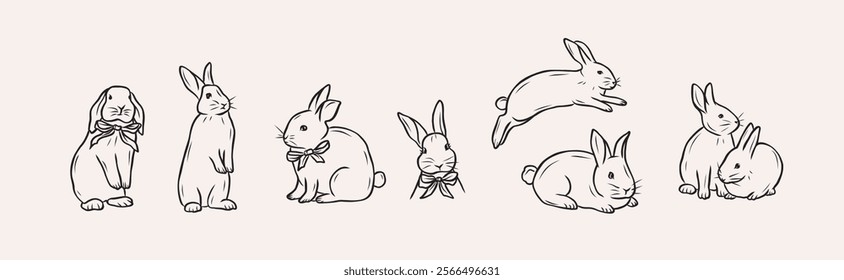 Hand drawn bunnies collection. Whimsical illustration