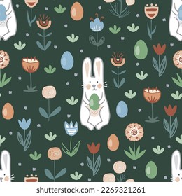 Hand drawn bunnies, Easter eggs and doodle flowers on dark green background. Vector seamless pattern in Scandinavian style
