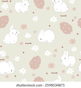 Hand drawn bunnies, flowers and easter eggs. Seamless pattern with cute animals and eggs for Easter.