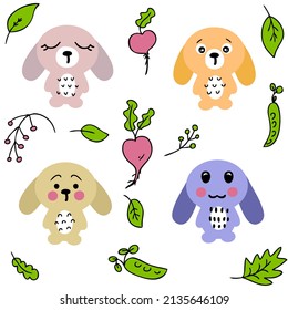 Abundantes dibujados a mano y colección de primavera de verduras. Perfecto para camisetas, afiches e impresos. Ilustración vectorial Doodle para decoración y diseño.
