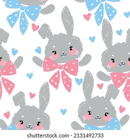 Conejo de mano y arco, diseño de fondo de conejo. Diseño de material de impresión vectorial para niños de moda. Patrón sin inconvenientes 