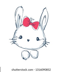 Hand drawn bunny bow isolated on white background. Children's print for textiles, t-shirts. Vector illustration picture