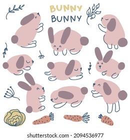 Hand drawn bunny collection. Perfect for T-shirt, poster, stickers and print. Doodle vector illustration for decor and design.

