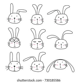 Hand Drawn Bunny Cute Characters Set.