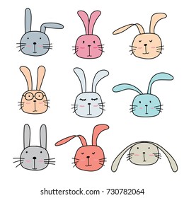 Hand Drawn Bunny Cute Characters Set.
