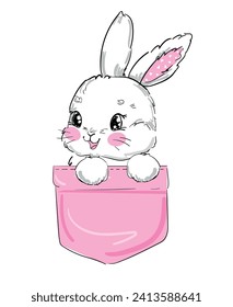 Hand Drawn Bunny. Cute Rabbit sitting in a pocket vector Sketch, Print Design, children print on t-shirt.