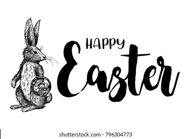 Hand drawn Bunny with Easter eggs, vector