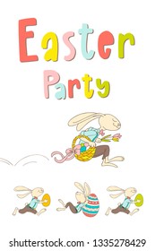 Hand drawn bunny, eggs, and lettering phrase Easter Party. Handwritten calligraphy design. Can be used for print poster, flyers, leaflets. Vector illustration