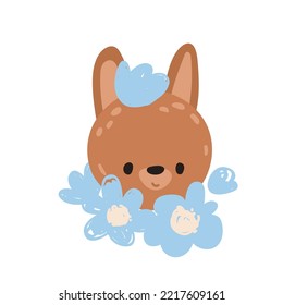 Hand Drawn Bunny and flowers. Cute Rabbit. Vector Print for kids room decoration, fabric, paper, card, t shirt, poster, textile. Vector illustration